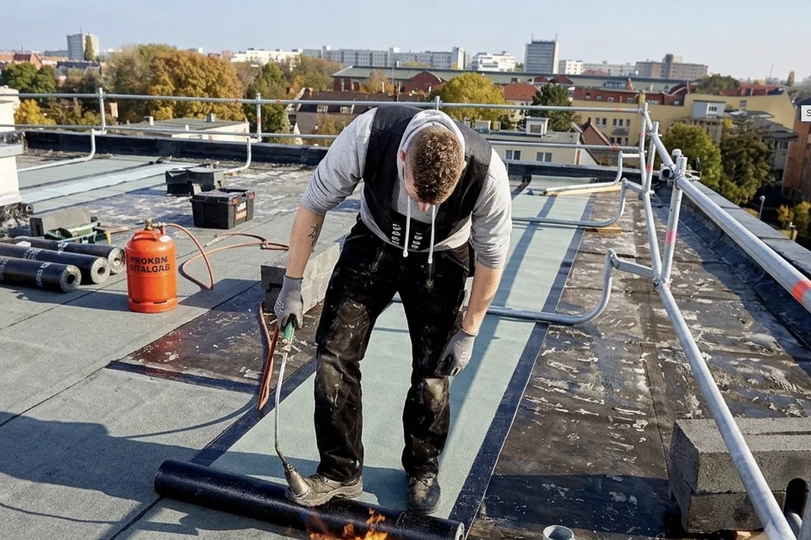 Dachdecker verschweißt Bitumen-Schweißbahnen auf einem Flachdach