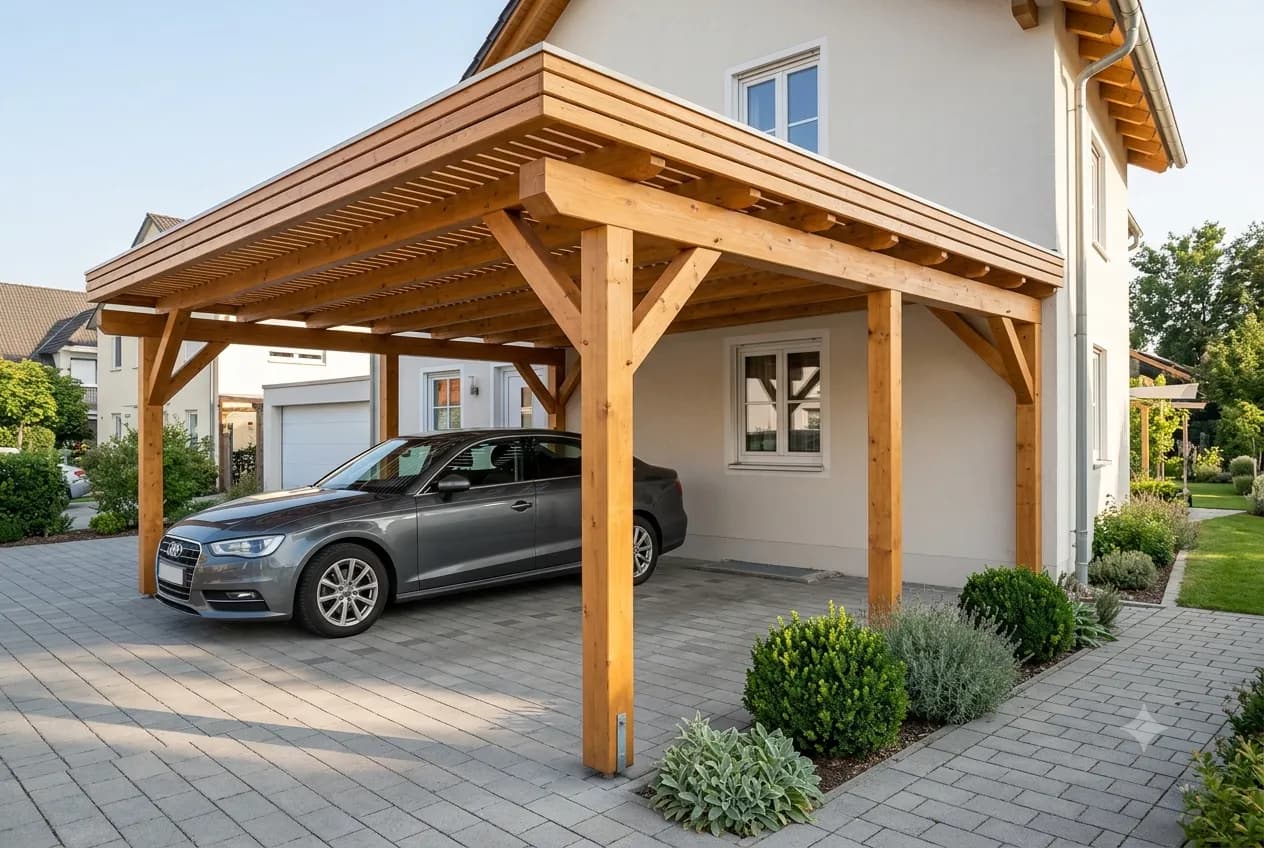 Carport aus Holz mit Auto neben einem Wohnhaus