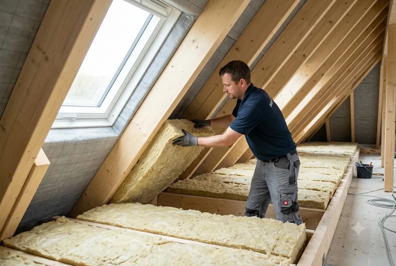 Handwerker dämmt ein Dach mit Mineralwolle zwischen den Sparren
