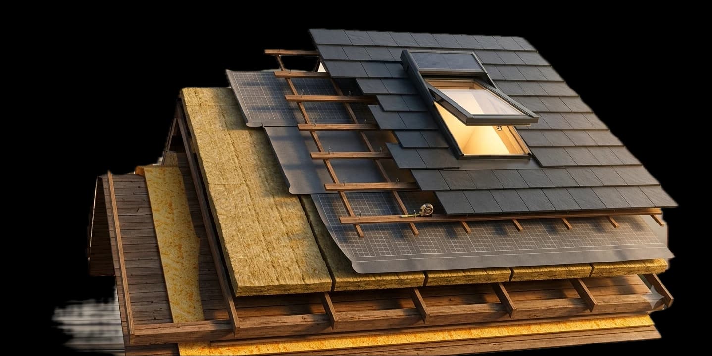 Aufbau eines Dachs im Schnitt: Sparren, Dämmung, Lattung, Eindeckung mit Solarmodulen und Dachfenster